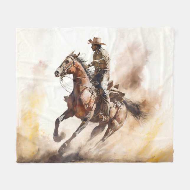 Dusty Western Watercolor Cowboy Riding Mustang Fleecefilt (Framsidan (Horisontell))