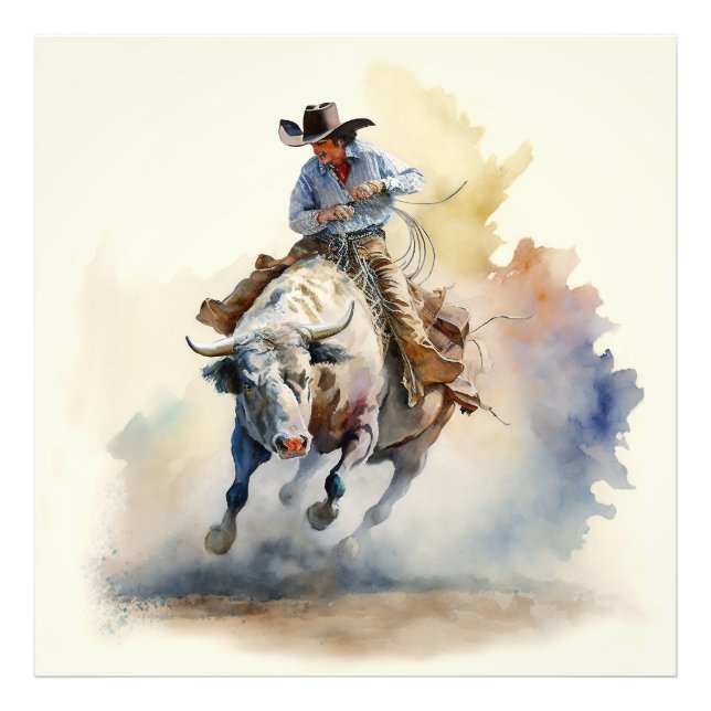 Dusty Western Watercolor ’Rodeo Bull Rider’ Fototryck (Framsidan)