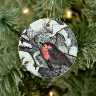 Dutch Art nouveau Robin Bird in Winter Julgransprydnad Keramik