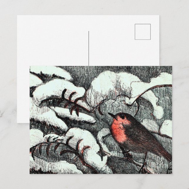 Dutch Art nouveau Robin Bird in Winter Vykort (Fram/baksida)