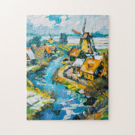 Dutch Countryside with Windmills and Water Channel Pussel