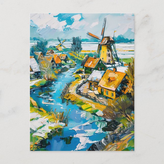 Dutch Countryside with Windmills and Water Channel Vykort (Framsida)
