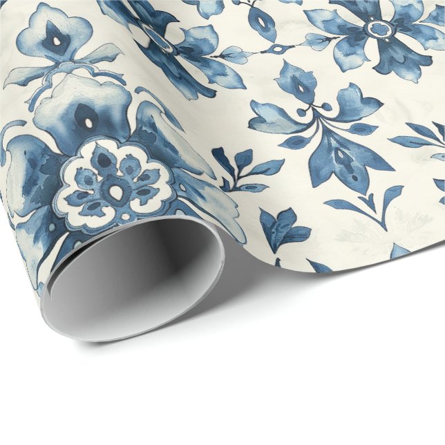 Dutch Floral Tile Gift Wrap, Delft Blue Pattern Presentpapper (Rullad Hörn)