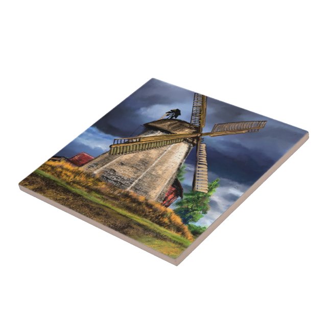 Dutch Windmill Ceramic Tile Painting Kakelplatta (Sidan)