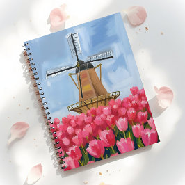 Dutch Windmill | Tulip Flower Field Watercolor Anteckningsbok