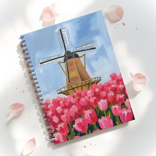 Dutch Windmill | Tulip Flower Field Watercolor Anteckningsbok (Skapare uppladdad)