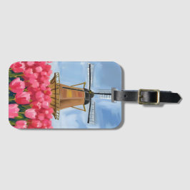 Dutch Windmill Tulip Flower Field Watercolor Bagagebricka