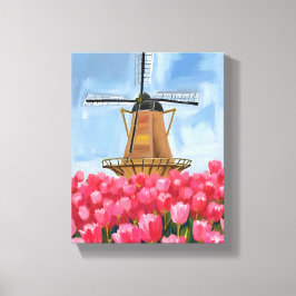 Dutch Windmill Tulip Flower Field Watercolor Canvastryck
