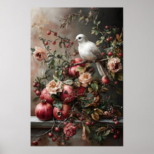Duv och granatäpple konsttryck, Mörk Cottagecore Poster