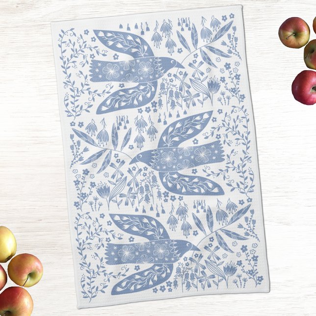 Duva Fågel Blå Kökshandduk (Peace doves bird and flower kitchen tea towels)