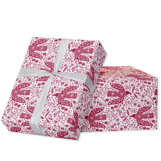 Duvfågel Röd och Vit Festlig Presentpapper (Peace dove red and white festive bird  folk art gift wrapping paper roll)
