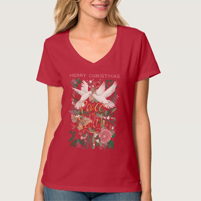 Duvor fred på jorden blomster röd t shirt (Framsida)