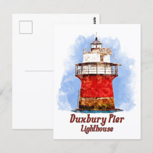 Duxbury Pier Lighthouse Watercolor - Massachusetts Vykort