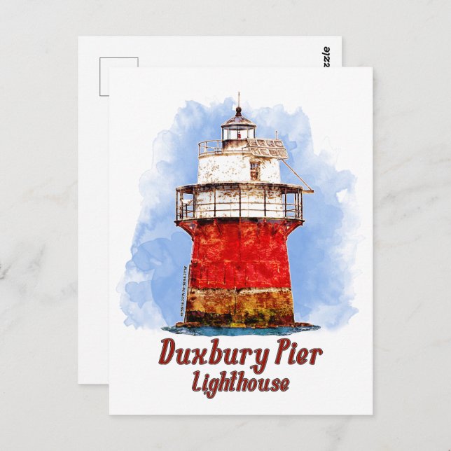 Duxbury Pier Lighthouse Watercolor - Massachusetts Vykort (Fram/baksida)