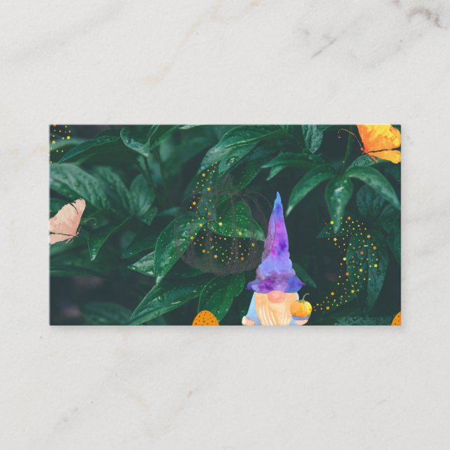 Dvärg med pumpa och magiska svampar och butterf visitkort (Framsida)