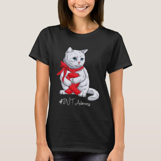 DVT Awareness Month Red Ribbon Cat T Shirt (Framsida)