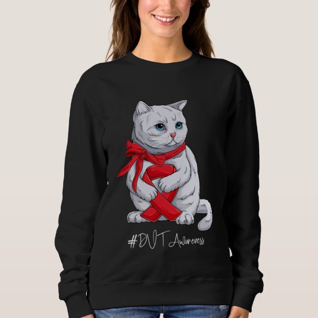 DVT Awareness Month Red Ribbon Cat T Shirt (Framsida)