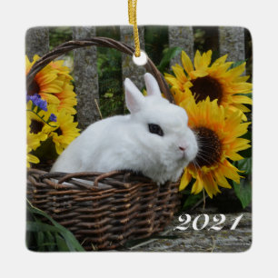 Dwarf Hotot Bunny Rabbit med solblommor Julgransprydnad Keramik