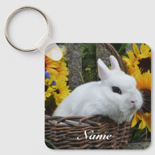 Dwarf Hotot Bunny Rabbit med solblommor Nyckelring