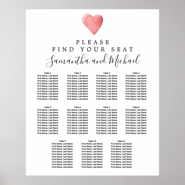 DY Red Heart 11-Bord Bröllop sätesdiagram Poster (Framsidan)