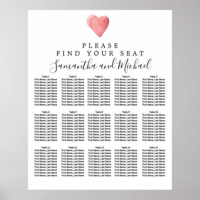 DY Red Heart 15-Bord Bröllop sätesdiagram Poster (Framsidan)