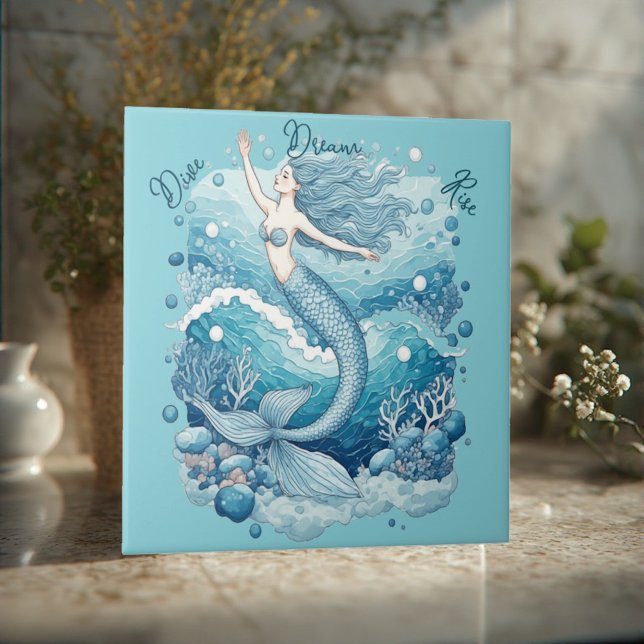 Dyk Dröm Stig Ocean Havfrue Aquablue Empowerment Kakelplatta (Dive Dream Rise Ocean Mermaid Aquablue Empowerment Ceramic Tile)