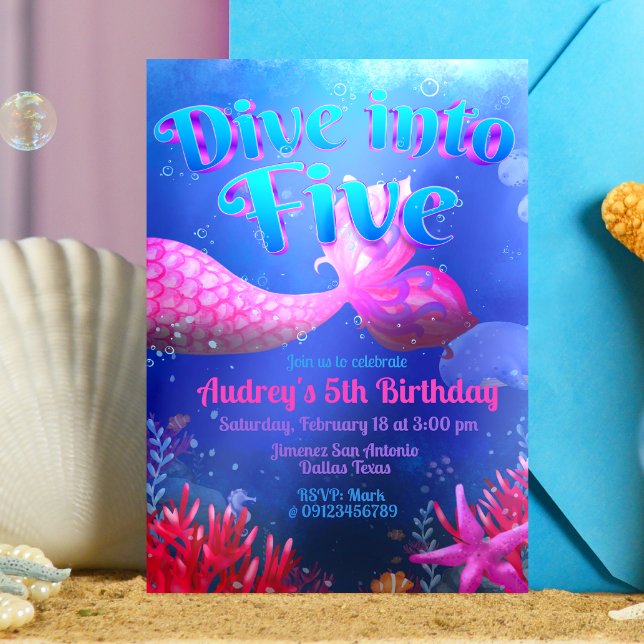 Dyk in i fem - Havfrue Inbjudningar (Dive into Five - Girl Mermaid 5th Birthday Invitation)