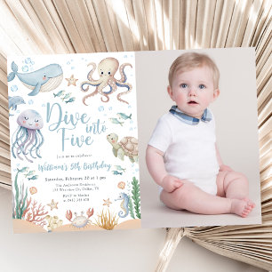 Dyk in i fem havsdjur 5-års födelsedagsfoto inbjudningar