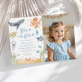 Dyk in i fem havsdjur 5-års födelsedagsfoto inbjudningar