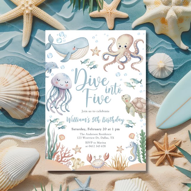 Dyk in i fem havsdjur 5-årsdag inbjudningar (Skapare uppladdad)