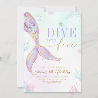 Dyk in i Fem Mermaid Födelsedagsinbjudan Redigerba Inbjudningar