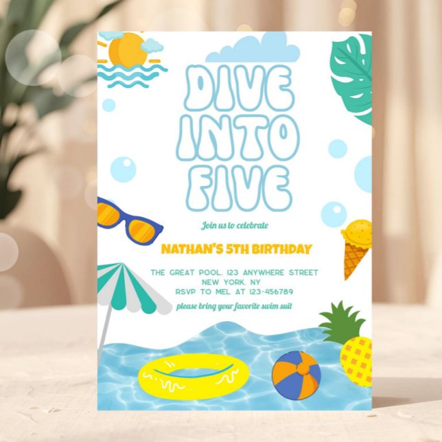 Dyk in i fem pojke 5-års födelsedags pool sommarfe inbjudningar (pool party invitation, dive into five invite, summer birthday invite, beach birthday invitation, kid)