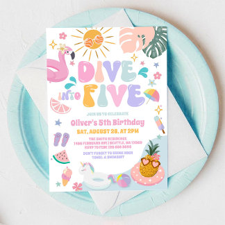 Dyk in i fem poolparty sommar 5-års födelsedag inbjudningar