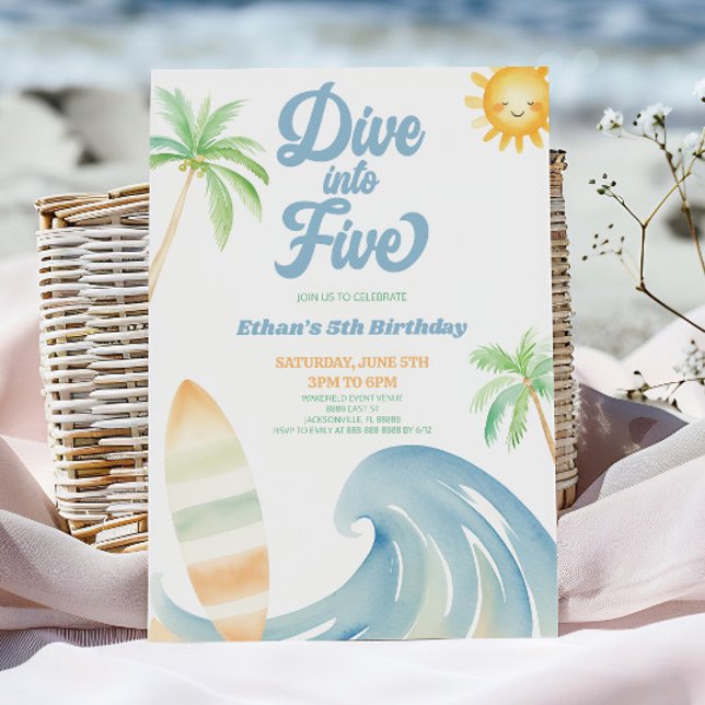 Dyk In I Fem Strand Surf Blå 5-årsfest Inbjudningar (Skapare uppladdad)