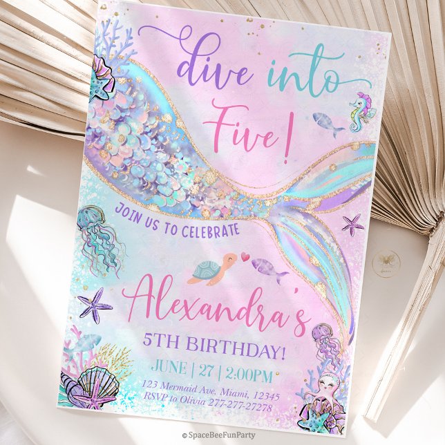 Dyk in i femårs födelsedags-siren inbjudningar (mermaid birthday invitation, dive into five, mermaid party invite, 5th birthday mermaid, under the s)