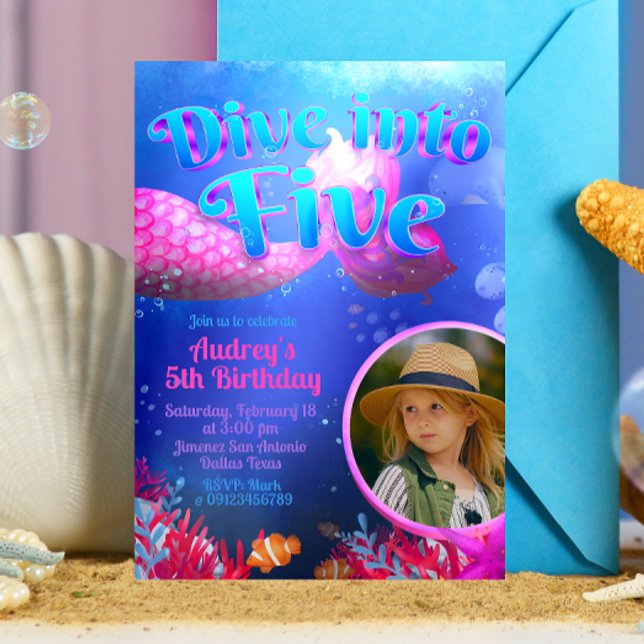 Dyk in i Five - Havsfrun med foto  Inbjudningar (Dive into Five - Girl Mermaid 5th Birthday Invitation with Picture)