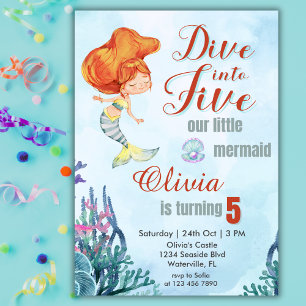 Dyk in i Five Orange Havsfrue Flicka 5-årsdag Inbjudningar