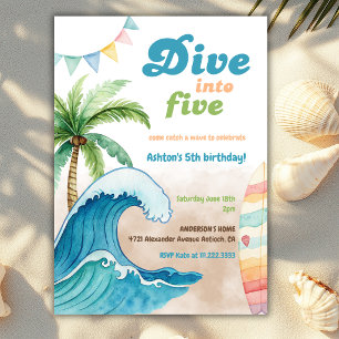 Dyk in i Five Surfbräda Strand 5-års födelsedagsfe Inbjudningar