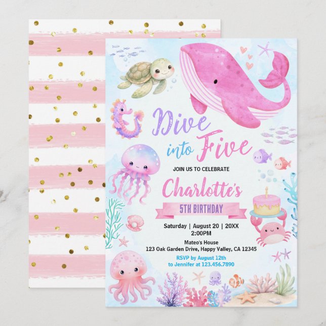 Dyk in i Five Under The Sea 5-års födelsedag Rosa Inbjudningar (Fram/baksida)