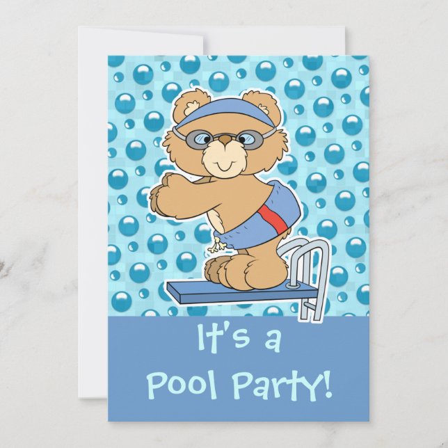 Dykande Teddybjörn Poolparty Inbjudan (Framsida)