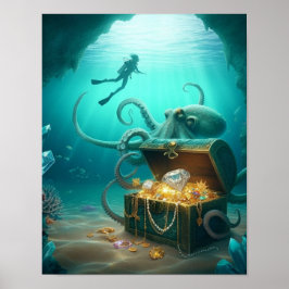 Dykare hittar en skatt bevakad av ett havsmonster poster