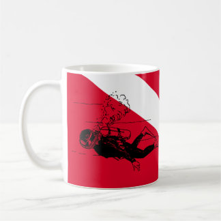 Dykare ner-flagga med retro dykare illustration kaffemugg