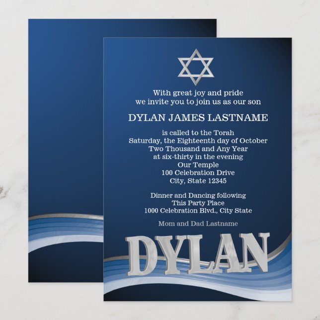 Dylan Steel Wave Namn Pub Mitzvah Inbjudningar (Fram/baksida)