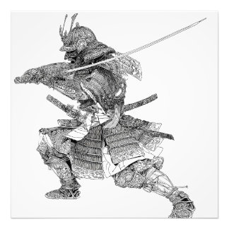 Dynamic Black White Samurai Warrior Teckning Fototryck