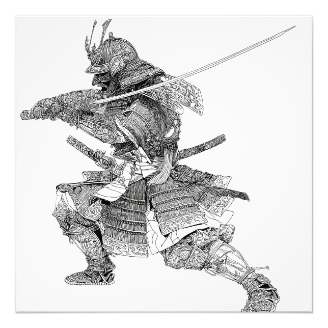 Dynamic Black White Samurai Warrior Teckning Fototryck (Framsidan)