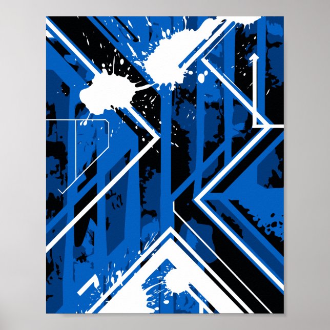 Dynamic Blue Geometry with White Paint Splashes Poster (Framsidan)