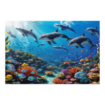 Dynamic Dolphin Pod & Fishes - Vibrant Coral Reef
