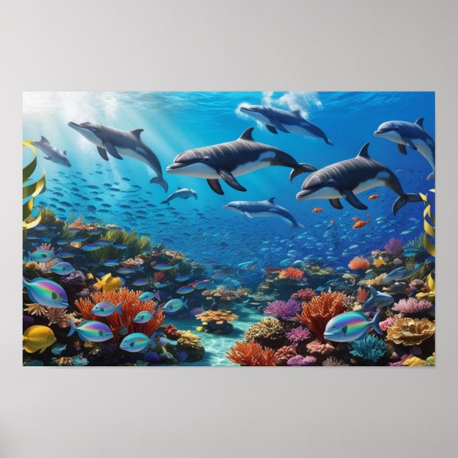 Dynamic Dolphin Pod & Fishes - Vibrant Coral Reef Poster (Framsidan)