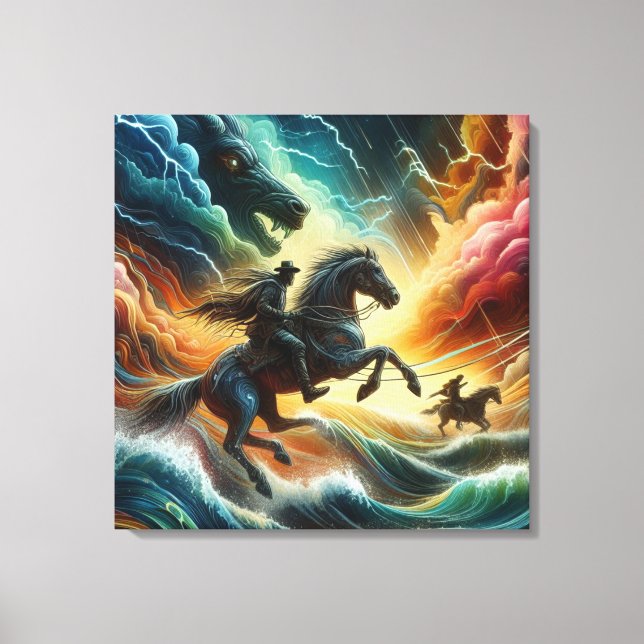 Dynamic Duo: Stormy Horseback Adventure Canvastryck (Framsida)