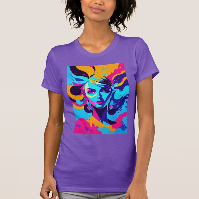 Dynamic Female Anime Face In Bright Blues T Shirt (Framsida)